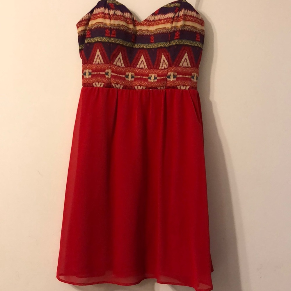 Red strapless dress